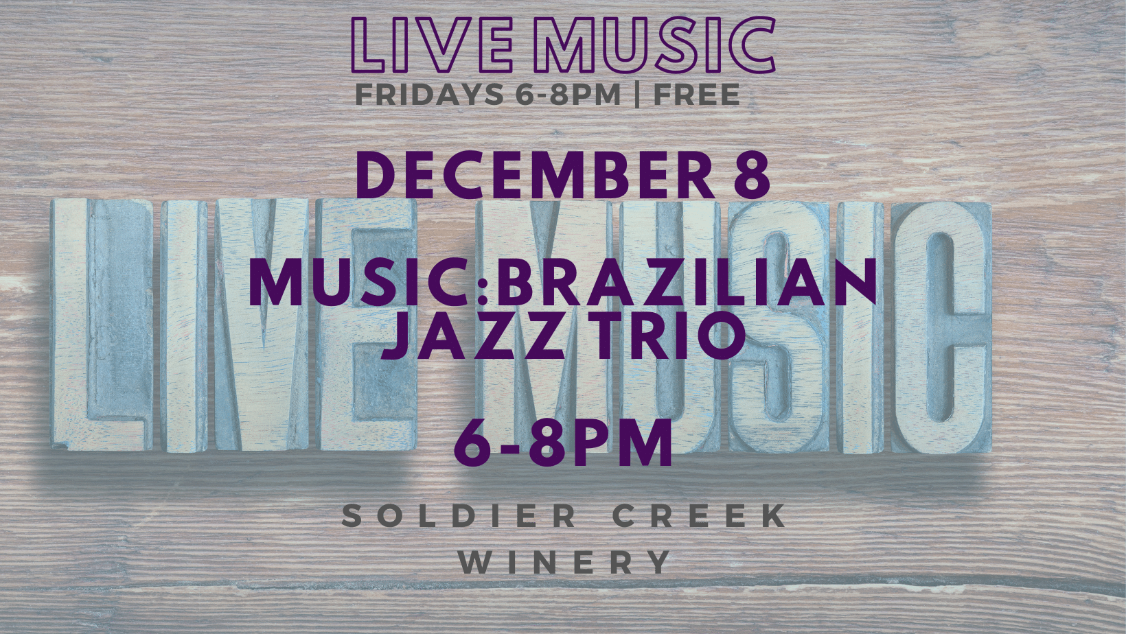 vineyard vibrations at soldier creek winery on friday, dec 8 from 6-8pm featuring the brazilian jazz trio. free to listen!