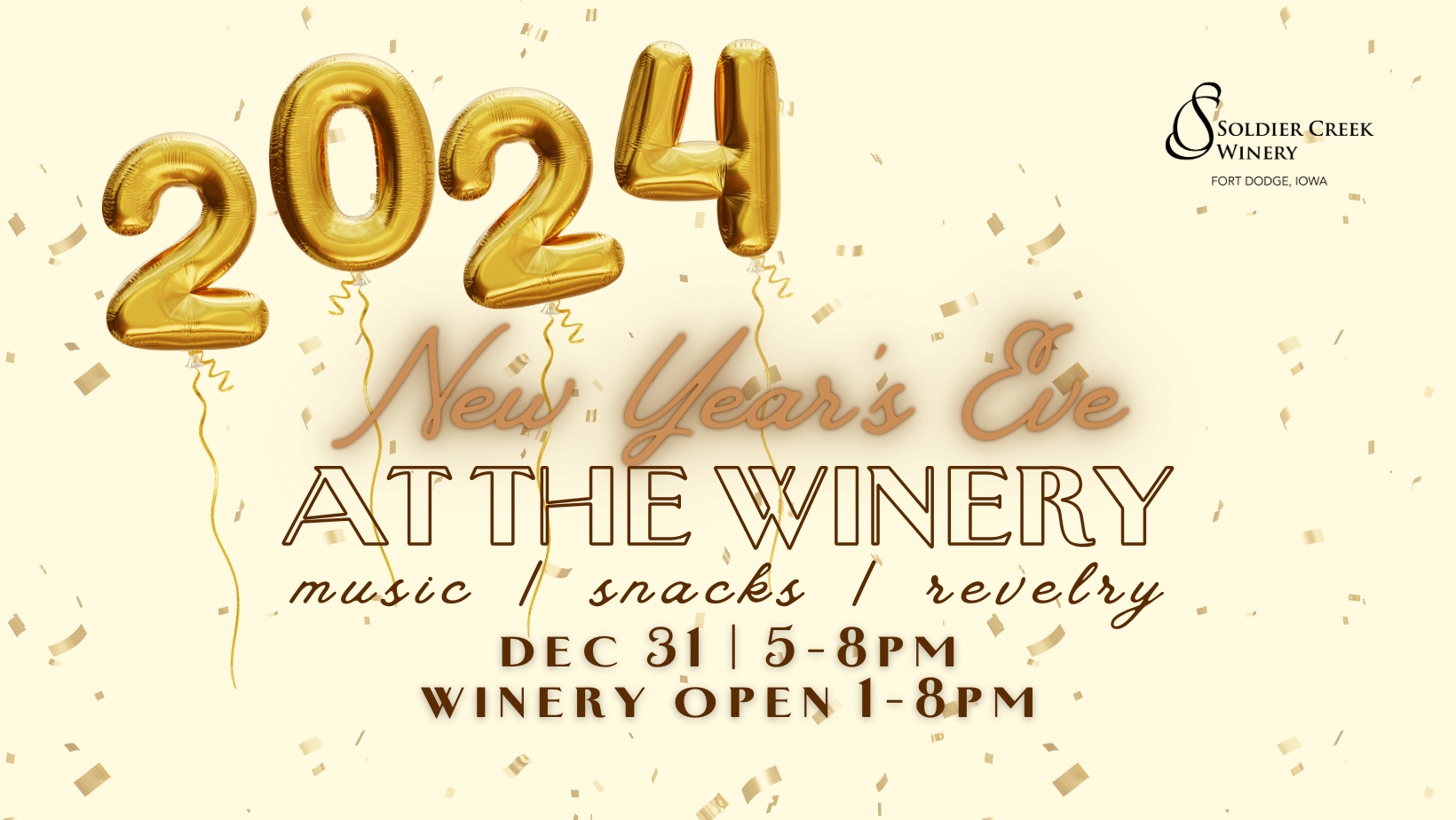 new years eve at the winery, music by gabriel alves and alex trevino, complimentary snack bar, festive hats and noisemakers, and revelry. sunday, dec 31 from 5-8pm at soldier creek winery.