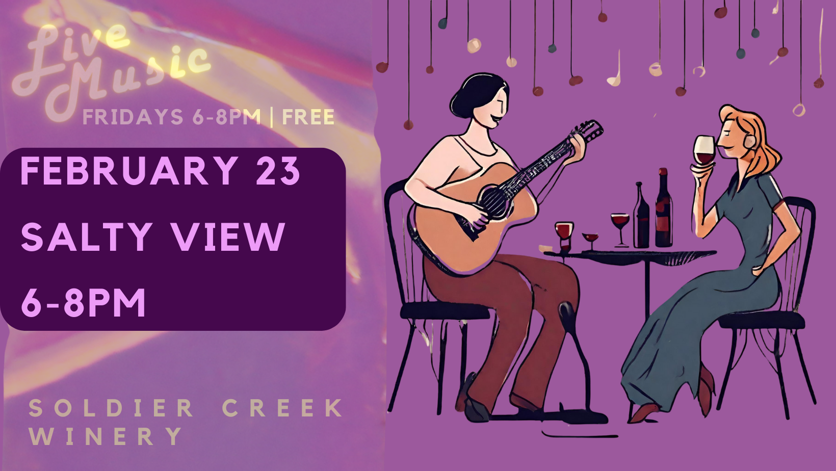 free, live music every friday at soldier creek winery. february 23 is salty view from 6-8pm. free to listen.
