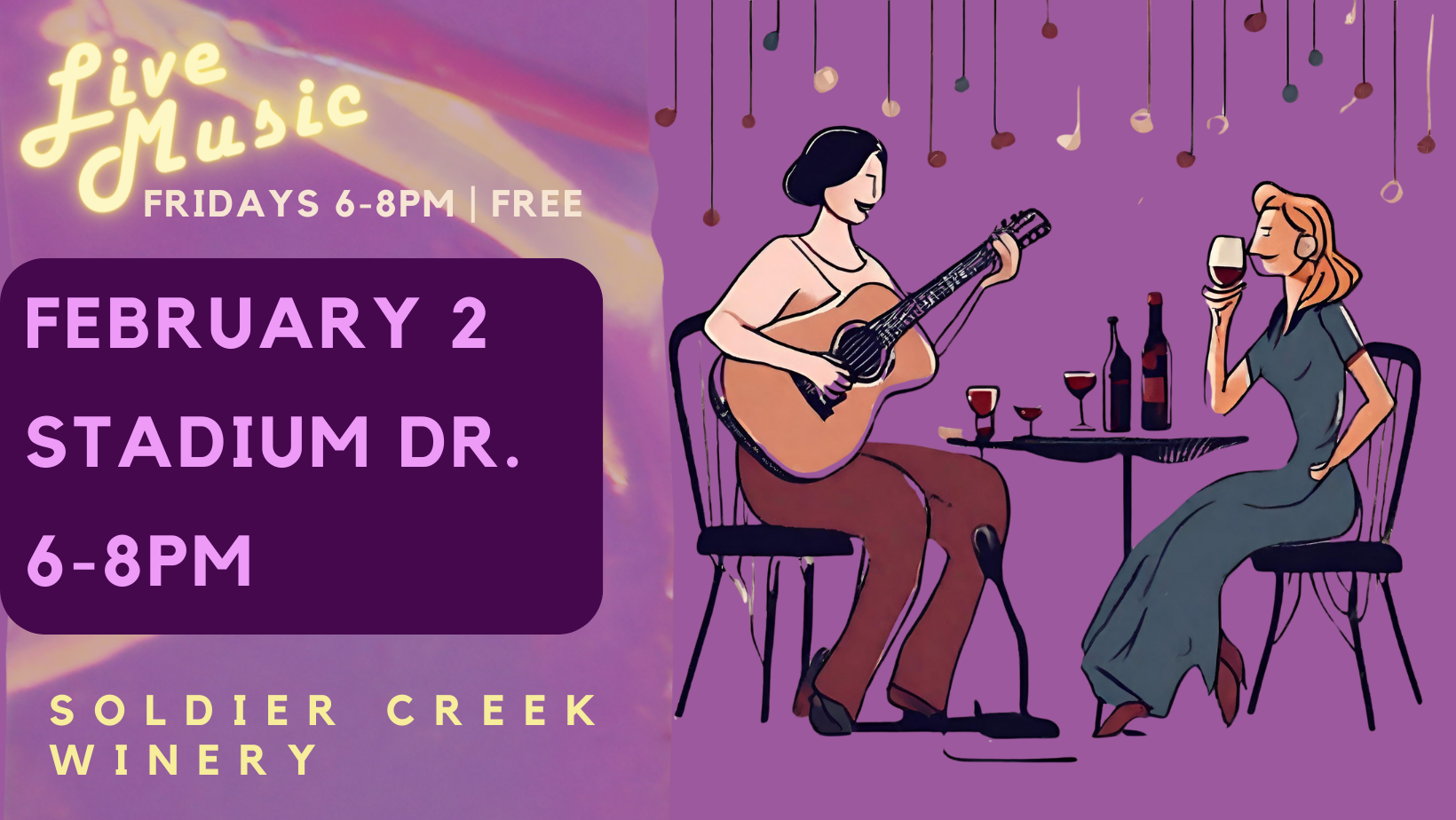 free, live music every friday at soldier creek winery. february 2 is stadium dr from 6-8pm. free to listen.