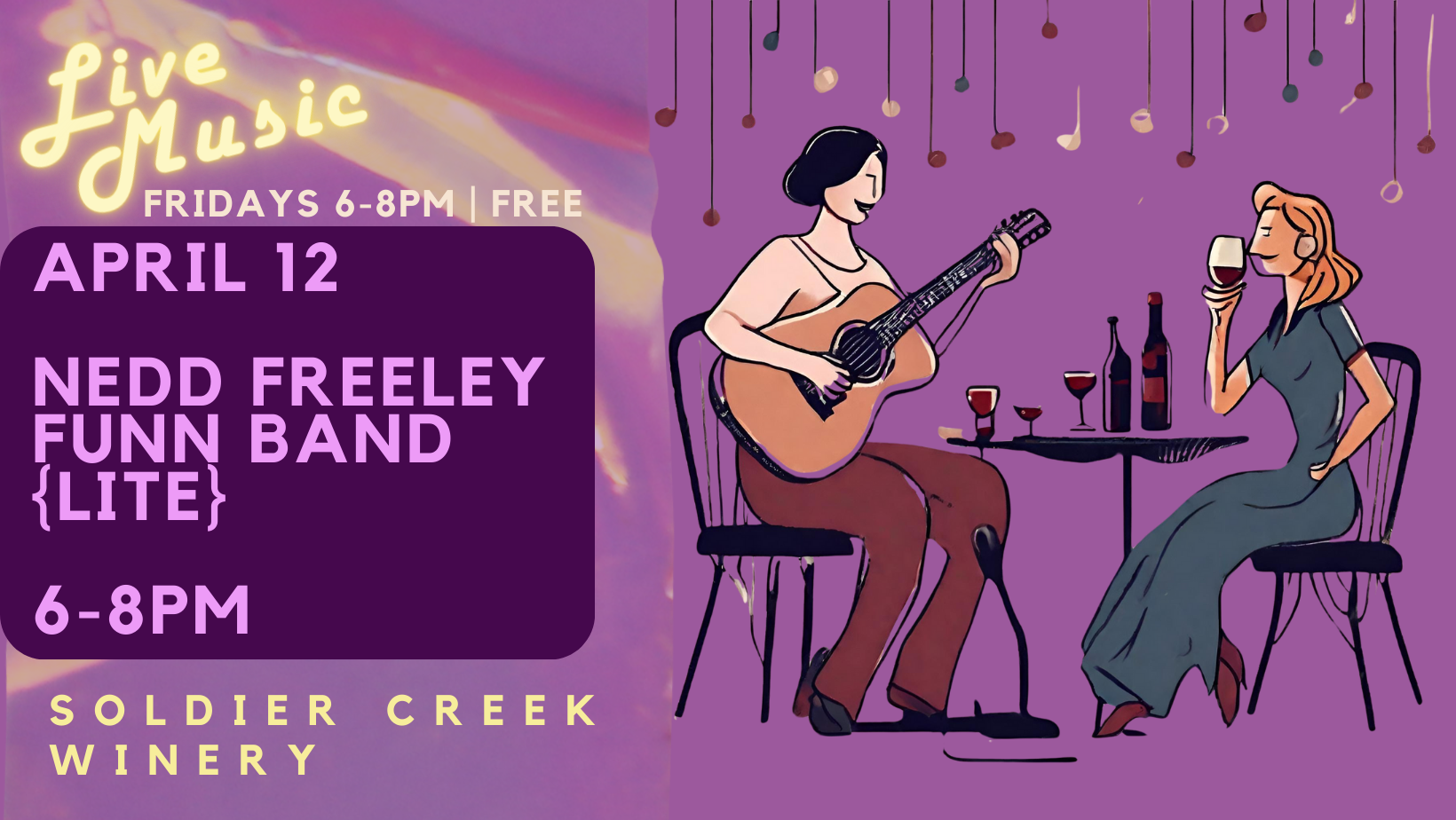 free live music every friday at soldier creek winery. april 12 is nedd freeley funn band lite.