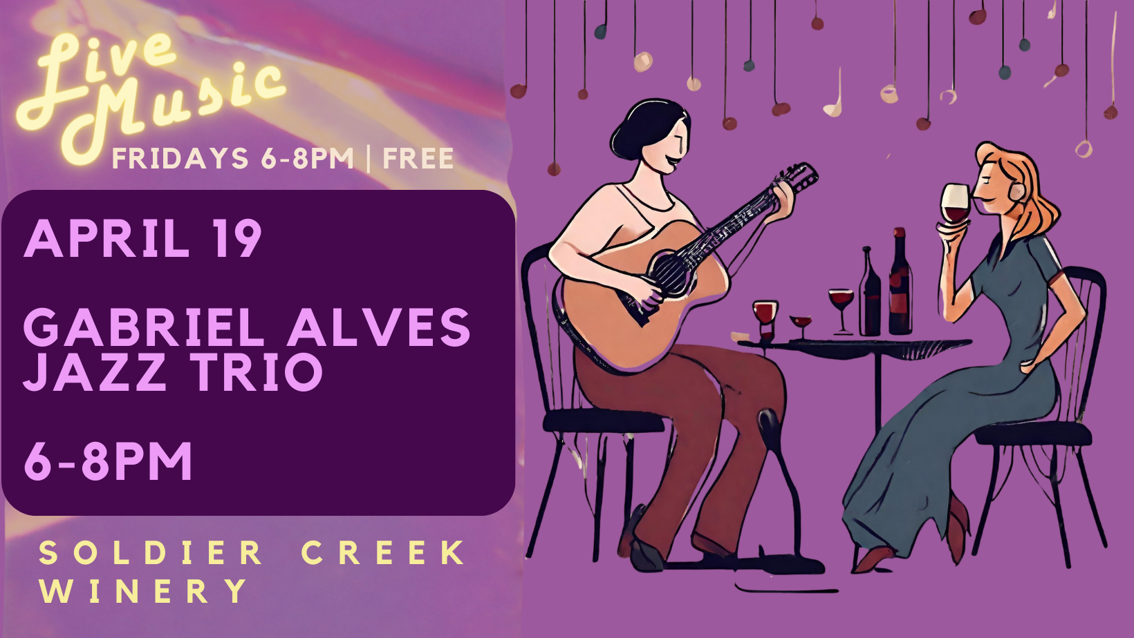 free live music every friday at soldier creek winery. april 19 is the gabriel alves jazz trio
