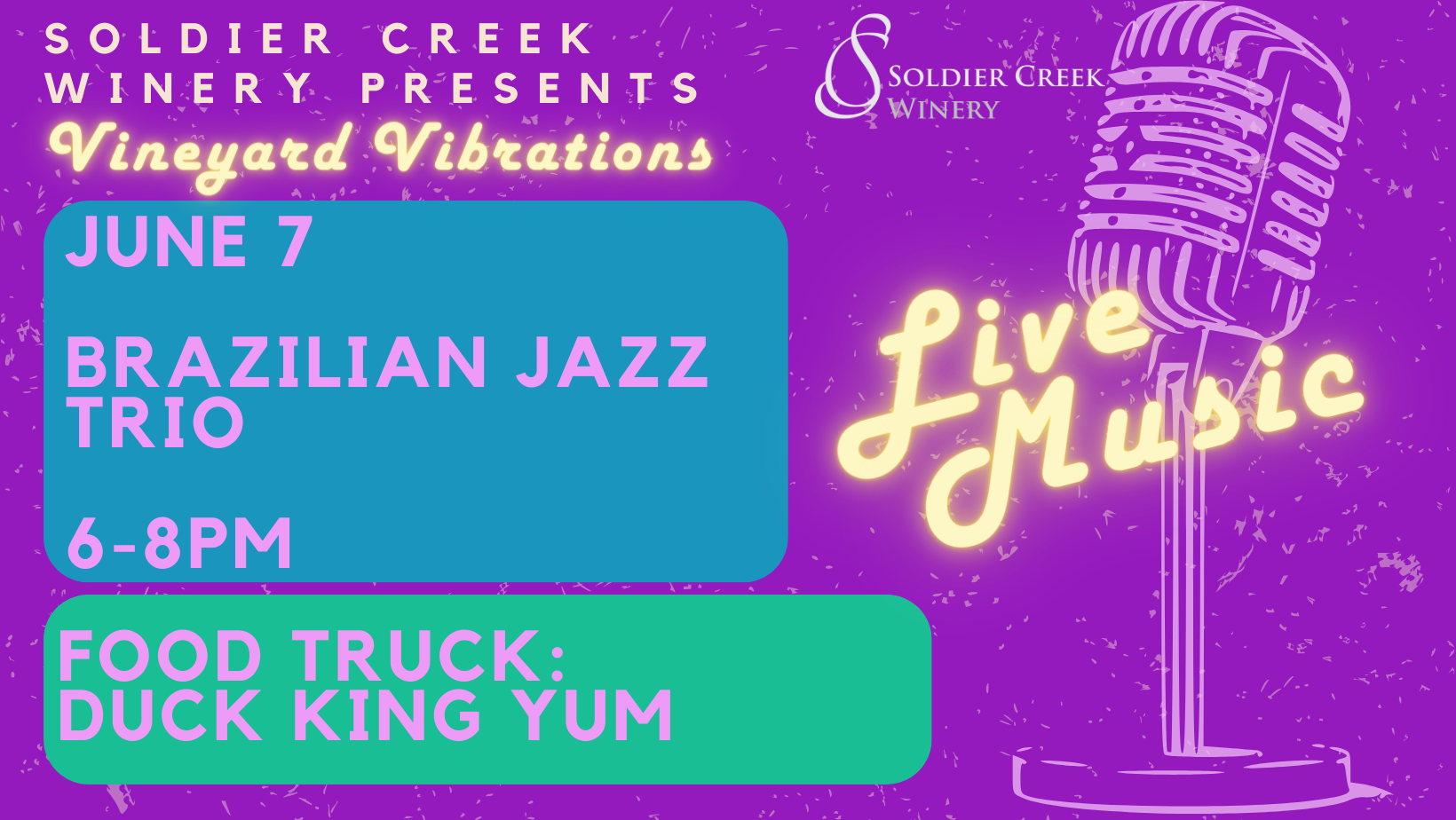 free live music every friday at solider creek winery. friday june 7 is the brazilian jazz trio from 6-8pm. dinner available for purchase from duck king yum food truck.