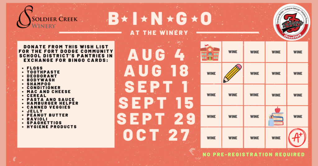 Flyer for Bingo at the Winery hosted by Soldier Creek Winery. The background is a muted red with white and black text. On the left side, there is a list of donation items needed for the Fort Dodge Community School District’s pantries. The text reads: 'Donate from this wish list for the Fort Dodge Community School District’s pantries in exchange for bingo cards.' The items include: floss, toothpaste, deodorant, bodywash, shampoo, conditioner, mac and cheese, cereal, pasta and sauce, Hamburger Helper, canned veggies, jelly, peanut butter, ravioli, Spaghettios, and hygiene products. In the center, there is a list of event dates: Aug 4, Aug 18, Sept 1, Sept 15, Sept 29, and Oct 27. On the right side, there is a bingo card illustration with 'Wine' in most squares, a pencil icon in one square, a stack of books and an apple in another, and an A+ in another square. At the bottom of the image, text reads: 'No pre-registration required.' The Soldier Creek Winery logo is located in the top left corner, and the Fort Dodge Dodger logo is in the top right corner.