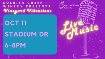 Promotional flyer for Soldier Creek Winery's 'Vineyard Vibrations' event. The flyer features a vintage microphone on the right with glowing text 'Live Music' written in neon-style. The event details are on the left in a blue box, reading: 'OCT 11, Stadium Dr, 6-8 PM.' The background is a vibrant purple with subtle texture, and the Soldier Creek Winery logo is displayed in the top right corner.