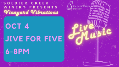 Promotional flyer for Soldier Creek Winery's 'Vineyard Vibrations' event. The flyer features a vintage microphone on the right with glowing text 'Live Music' written in neon-style. The event details are on the left in a blue box, reading: 'OCT 4, Jive for Five, 6-8 PM.' The background is a vibrant purple with subtle texture, and the Soldier Creek Winery logo is displayed in the top right corner.