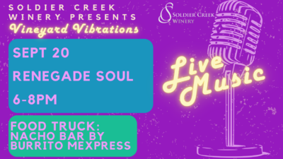 Promotional flyer for Soldier Creek Winery's Vineyard Vibrations event. The background is a bright, neon purple with speckled textures. The title at the top reads 'Soldier Creek Winery Presents Vineyard Vibrations' in white and yellow neon-style fonts. The event details are in bright pink and blue blocks: 'Sept 20', 'Renegade Soul', and '6-8 PM'. At the bottom, there's another block in green with pink text reading, 'Food Truck: Big D's Bama Smoke & Grill'. To the right of the details is a large neon-style microphone illustration with the words 'Live Music' glowing in yellow neon. The Soldier Creek Winery logo is placed in the top right corner.