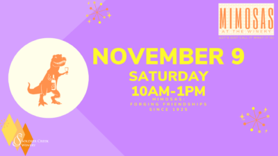 Promotional flyer for Mimosa Saturday at Soldier Creek Winery, featuring a whimsical orange T-rex holding a wine bottle and glass. Event date is November 9, from 10 AM to 1 PM. The flyer highlights 'Mimosas: Forging Friendships Since 1925' Bright colors like purple, yellow, and orange create a playful, retro feel