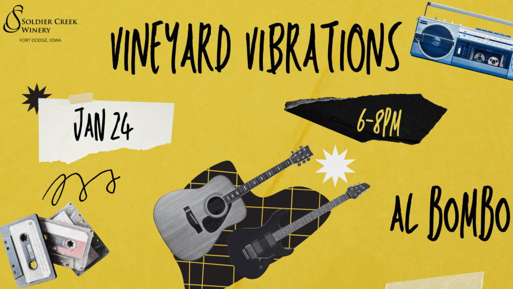 Promotional poster for Soldier Creek Winery in Fort Dodge, Iowa, advertising 'Vineyard Vibrations' on January 24 from 6–8 PM. The poster features a yellow background with a collage-style design, including a guitar, a bass guitar, cassette tapes, a boombox, and hand-drawn accents. The musician's name, Albombo, is displayed in bold, handwritten-style text. Albombo plays live, local music from the 60s and 70s.