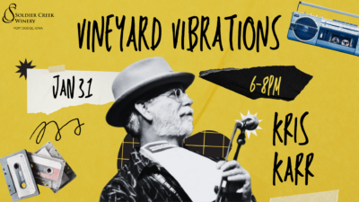 Promotional poster for Soldier Creek Winery in Fort Dodge, Iowa, advertising 'Vineyard Vibrations' on January 31 from 6–8 PM. The poster features a yellow background with a collage-style design, including a musician holding a guitar case, cassette tapes, a boombox, and hand-drawn accents. The musician's name, Kris Karr, is displayed in bold, handwritten-style text. Kris Karr plays live 70s-style music.