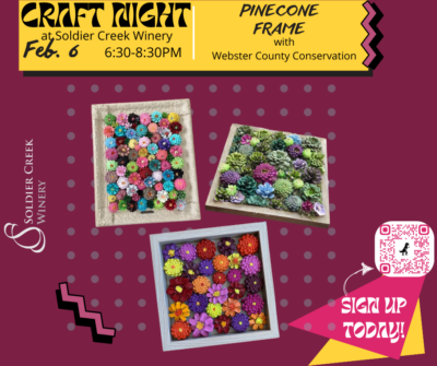 Promotional poster for 'Craft Night' at Soldier Creek Winery on February 6 from 6:30–8:30 PM. The event features 'Pinecone Frame' crafting with Webster County Conservation. The design includes images of three colorful pinecone frames with vibrant floral arrangements made from painted pinecones. The background is maroon with decorative dots and zigzag accents. The Soldier Creek Winery logo is on the left, and a QR code in the bottom right corner leads to sign-up details, accompanied by a call to action: 'Sign up today! This is a Painted Pinecone Frame Workshop