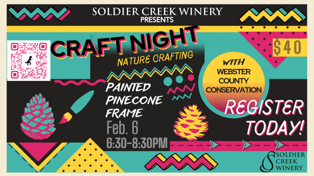 Promotional graphic for 'Craft Night' at Soldier Creek Winery on February 6 from 6:30–8:30 PM. The event features 'Nature Crafting: Painted Pinecone Frame' with Webster County Conservation. The design includes colorful, retro-style patterns with zigzags, polka dots, and arrows. Text highlights the cost of $40 and encourages viewers to 'Register Today!' Visual elements include illustrated pinecones, a paintbrush, and a QR code for registration. The Soldier Creek Winery logo is displayed at the bottom.