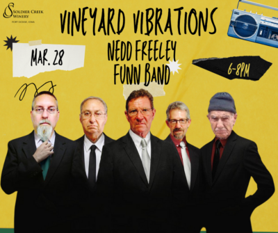 A promotional poster for Vineyard Vibrations at Soldier Creek Winery, advertising the Nedd Freeley Funn Band performance on March 28 from 6-8 PM. The poster maintains the yellow retro music theme with cassette tapes and a boombox illustration. The band members are dressed in suits and ties, some with serious expressions, contrasting with the playful event branding.